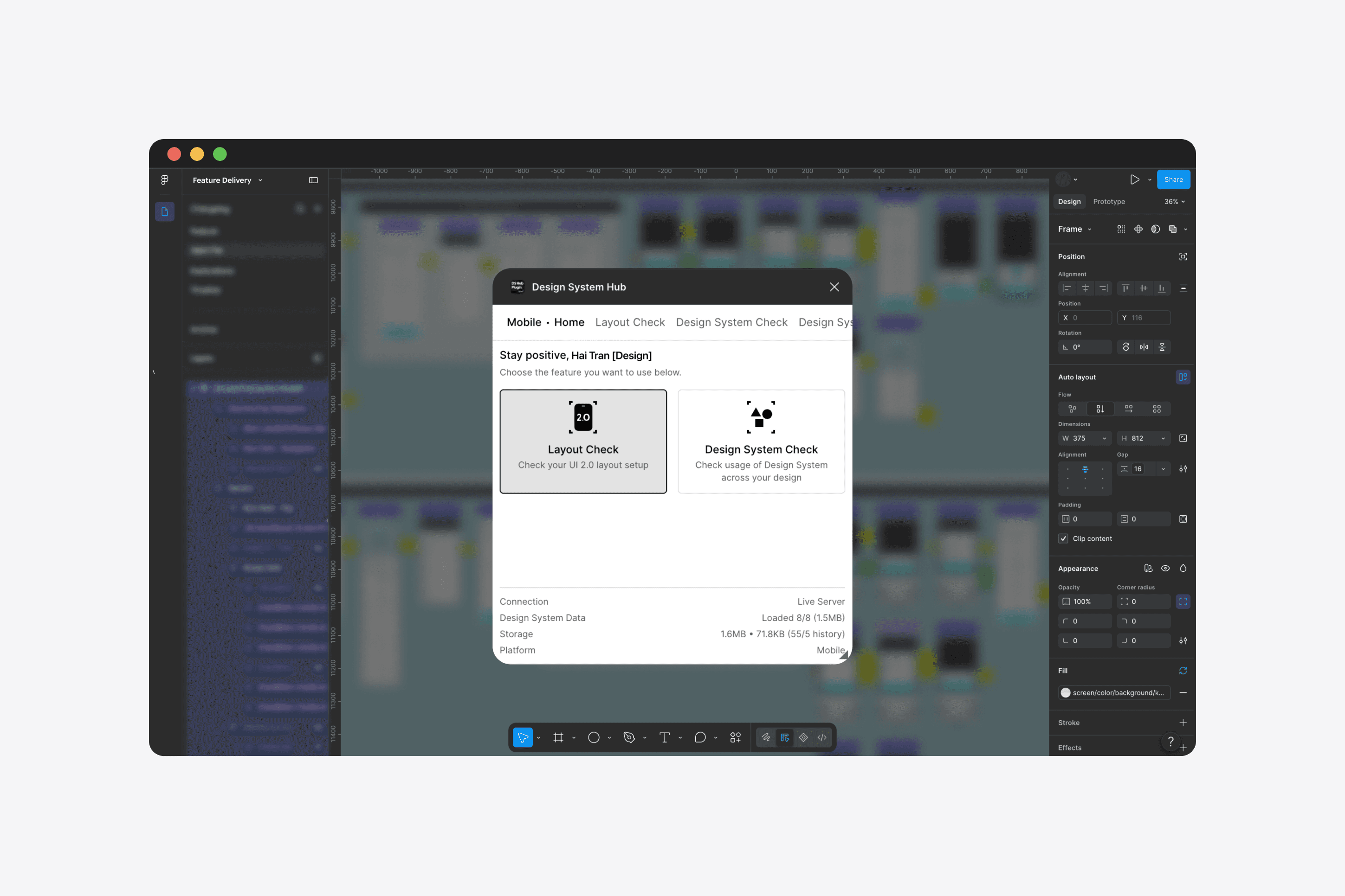 The Design System Hub plugin open over a Figma file, offering Layout Check and Design System Check.